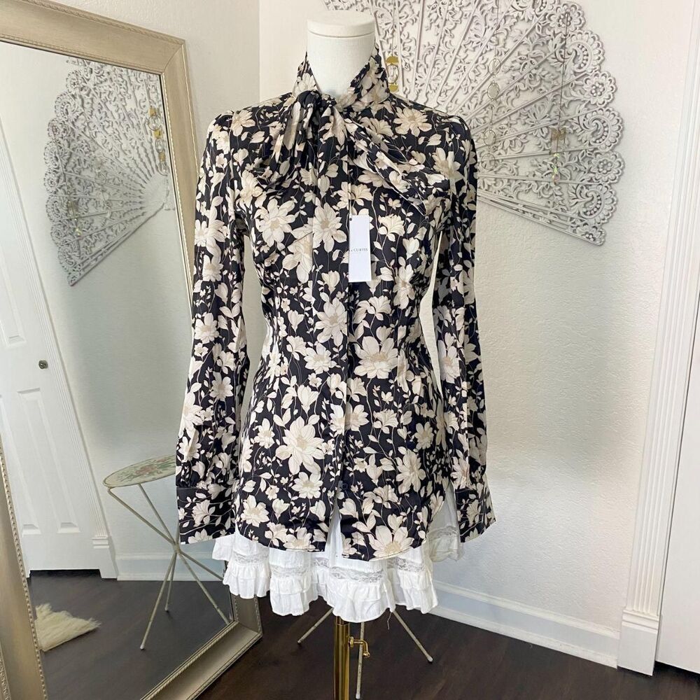 NWT Hawes & Curtis Black & Cream Floral Pussybow Blouse Size UK 8 / US 4